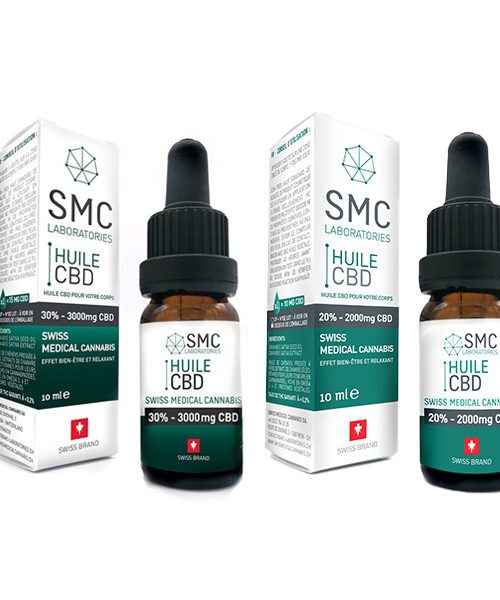 Flacons d’huile CBD 20 % et 30 % de SMC Laboratories posés côte à côte, illustrant deux niveaux de concentration pour le bien-être naturel