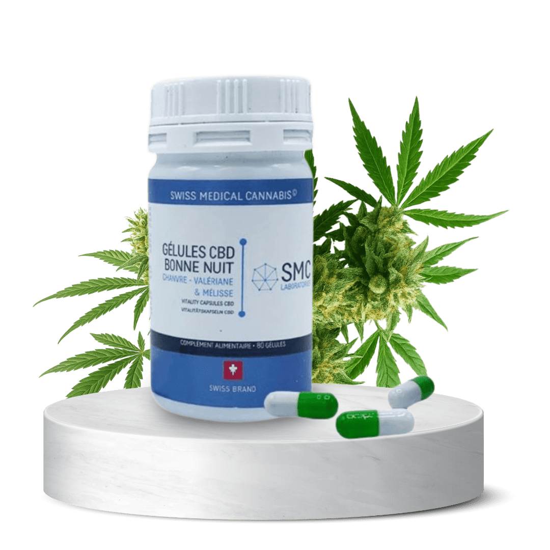 Pot de gélules “Bonne Nuit” SMC à base de chanvre, valériane et mélisse – complément alimentaire pour le sommeil.