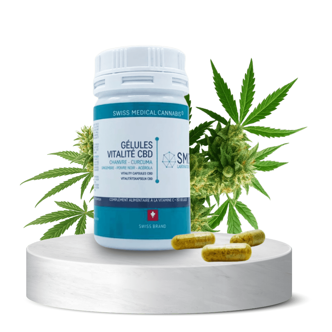 Flacon de gélules “Vitalité” SMC enrichies en CBD, ginseng et guarana – complément naturel pour l’énergie.